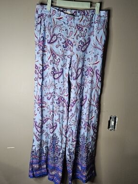 0LOFT Light Blue Paisley Wide-Leg Pants with Purple Accents Size M Inseam 29.5"
